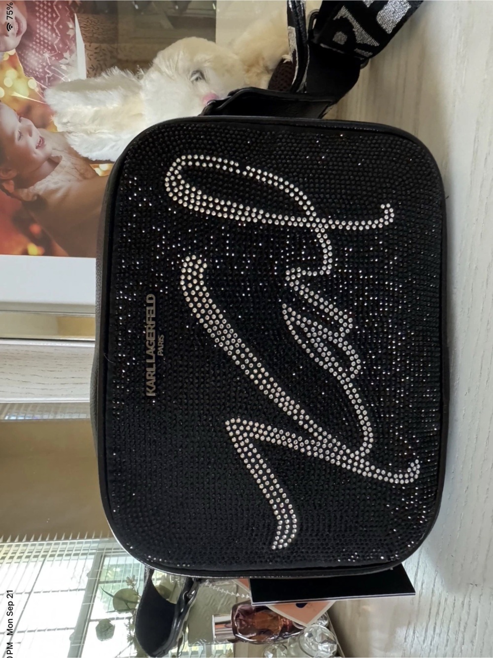 Karl Lagerfeld Black Crystal Script Crossbody Bag